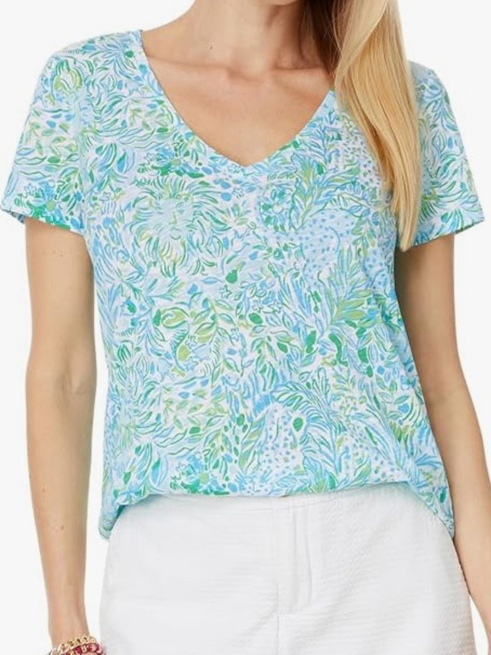 Lilly Pulitzer Etta V-Neck S Sleeve Top Womens Size XS Hydra Blue Dandy Lions